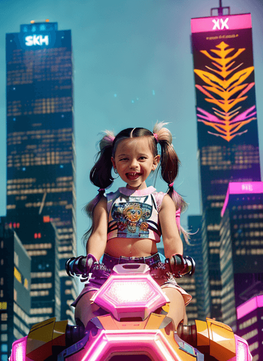 AI generated: A cheerful 6-year-old girl with pigtails and a colorful, futuristic outfit sits on the back of a gia...