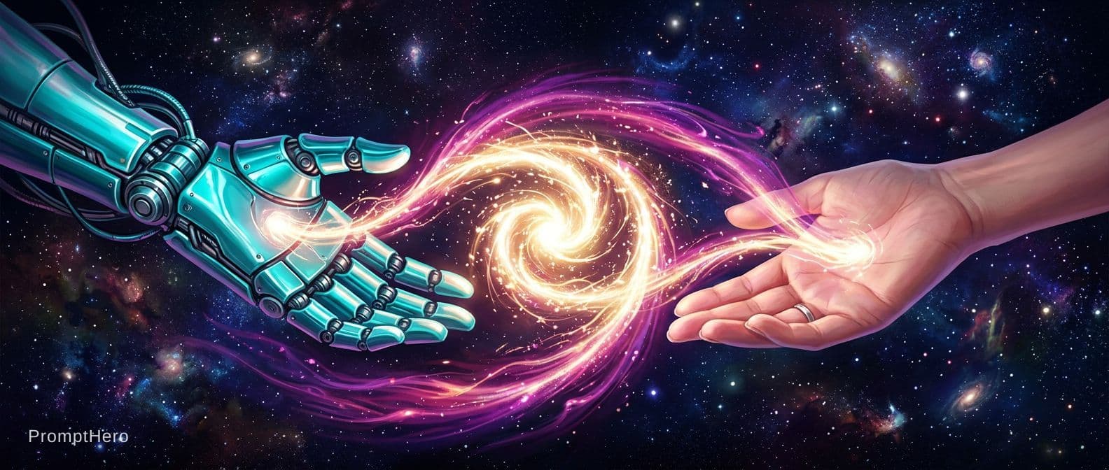 AI generated: 2 Hands. Hand 1: Robot hand, colour turquois metal, relaxed open, relaxed wrist, palm downward. Hand...