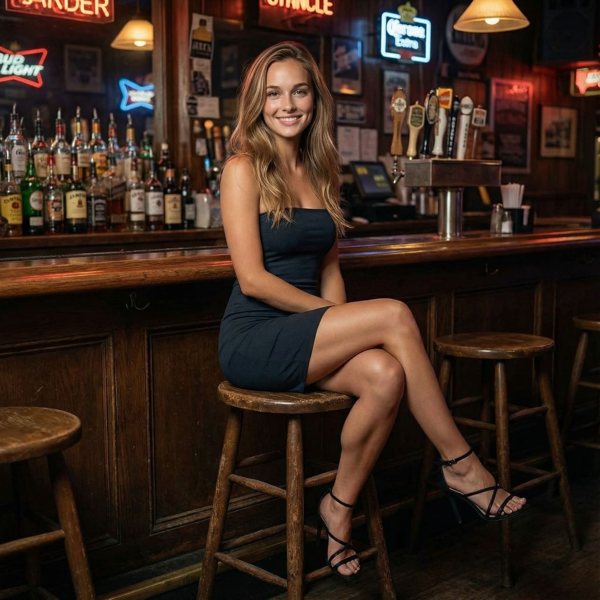 AI generated: high definition, extreme detail, portrait photo, a beautiful dark blonde woman sitting on a bar stoo...