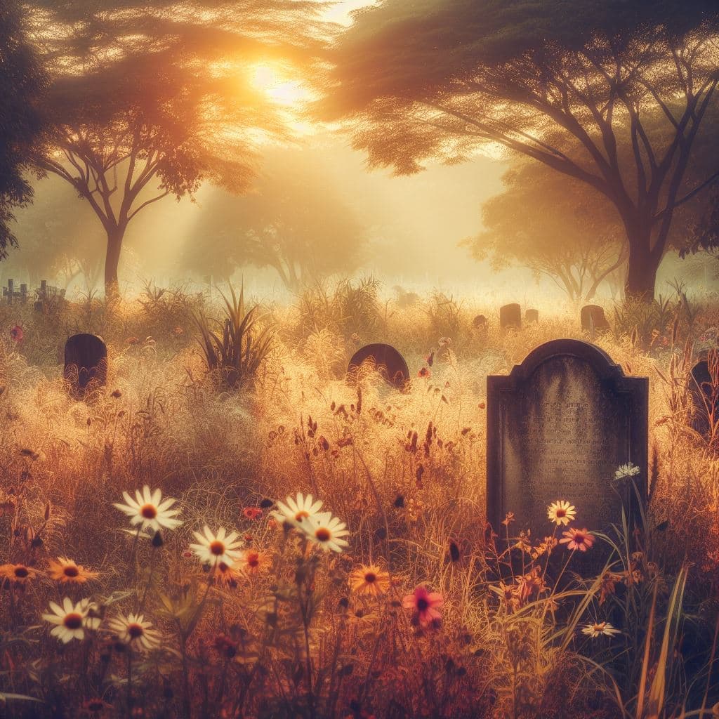 AI generated: gravestone among a field of flowers
