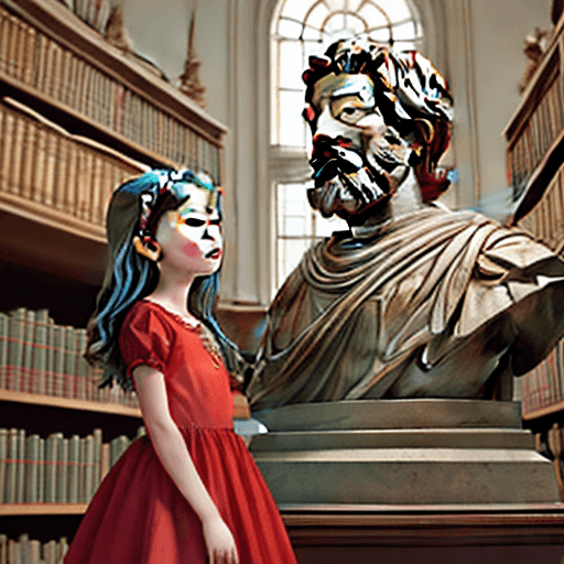 AI generated: children's book style illustration of a young girl with brown hair in a red dress, looking up at a s...