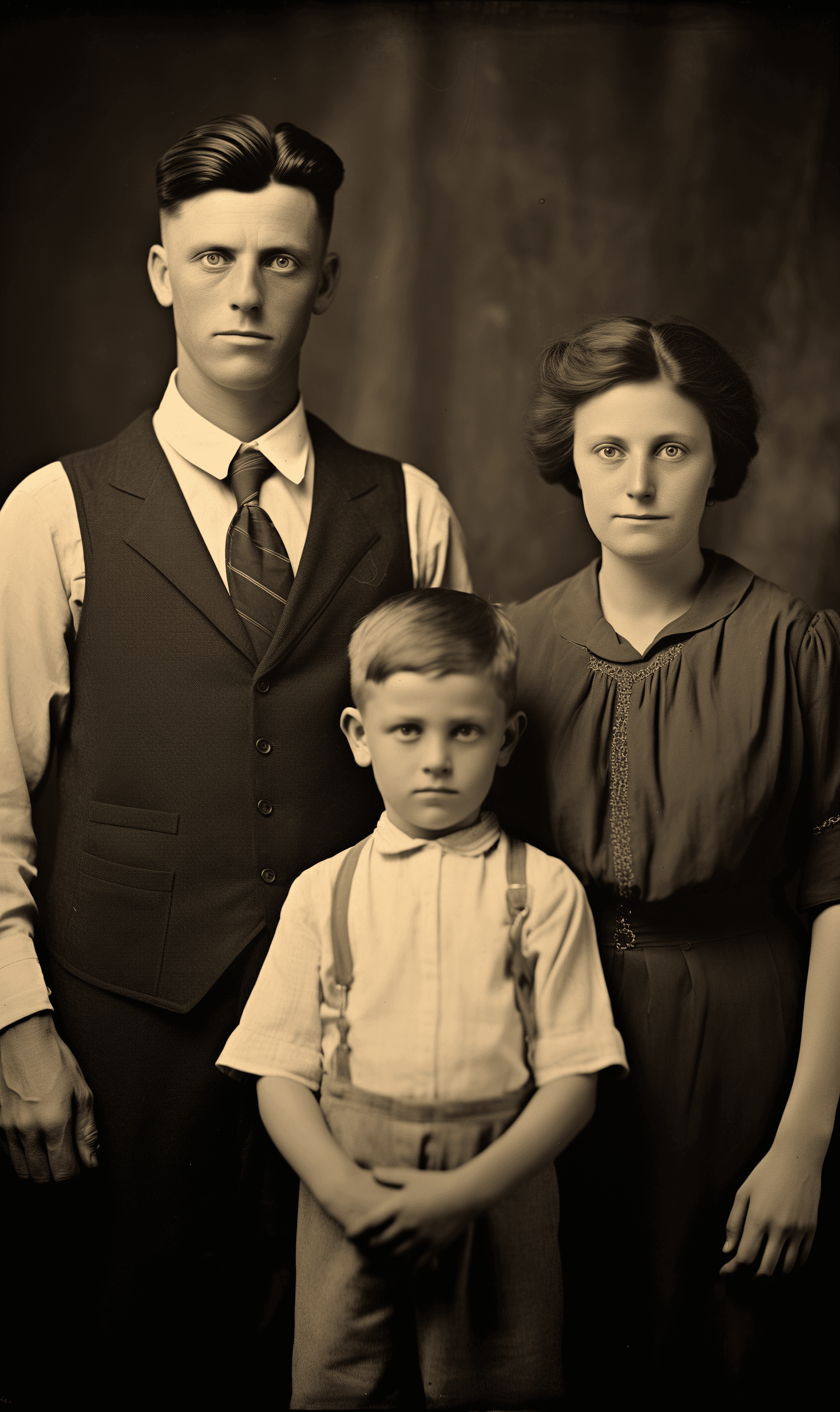 AI generated: old vintage photo of a mother, father and son standing together, posing for a family portrait in a s...