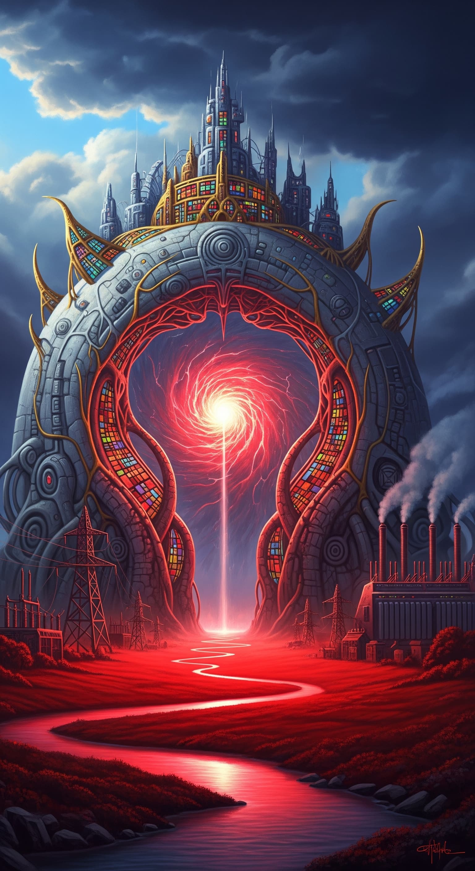 AI generated: An oil painting on canvas, in the style of a classic fantasy landscape painting, depicts a colossal,...