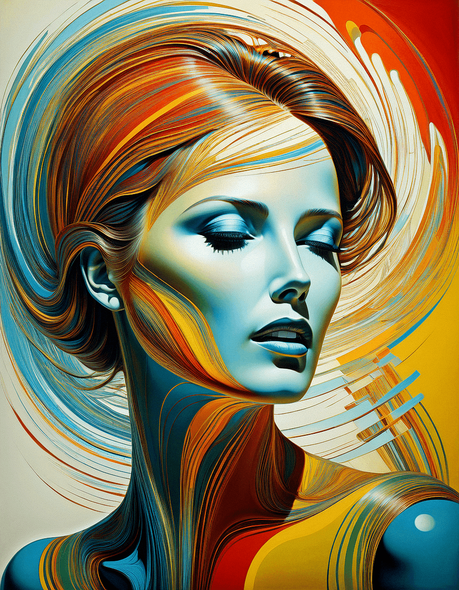 AI generated: A stylized abstract style painting of a woman with a polished, metallic complexion, closed eyes with...