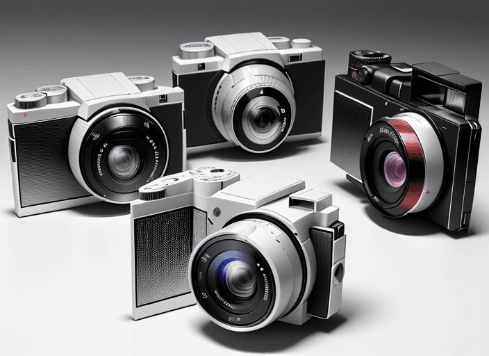 AI generated: Three different compact digital cameras, fold-out screens, arranged in a line on a white surface, fr...
