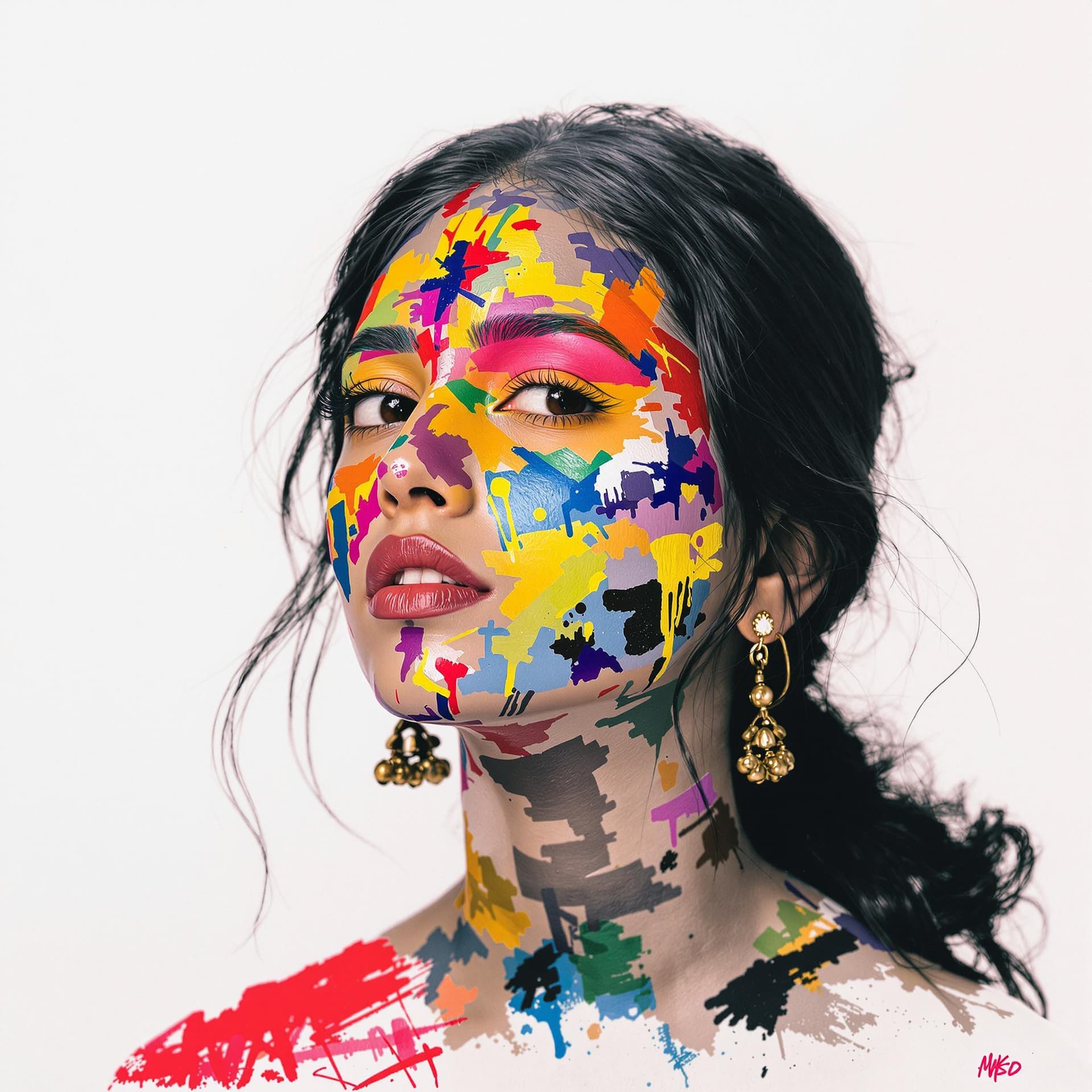 AI generated: Modern Indian girl with paint on her face, in the style of different colors, master of ink, acrobati...