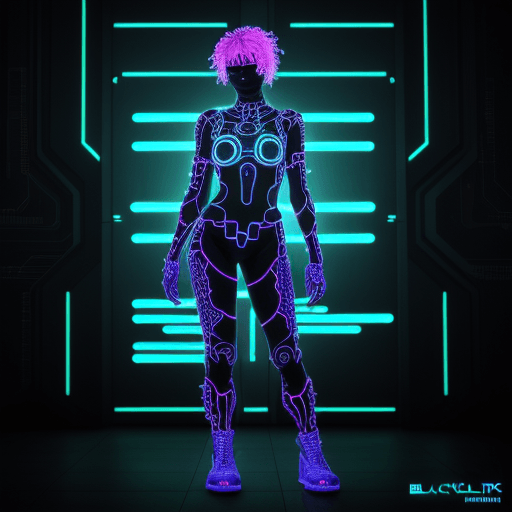 AI generated: blacklightfractalneonholofluid cyberpunk character
