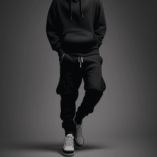 AI generated: capturing a model, man wearing basic hoodie, matte black, dark grey cargo jogger pant, skate shoes, ...