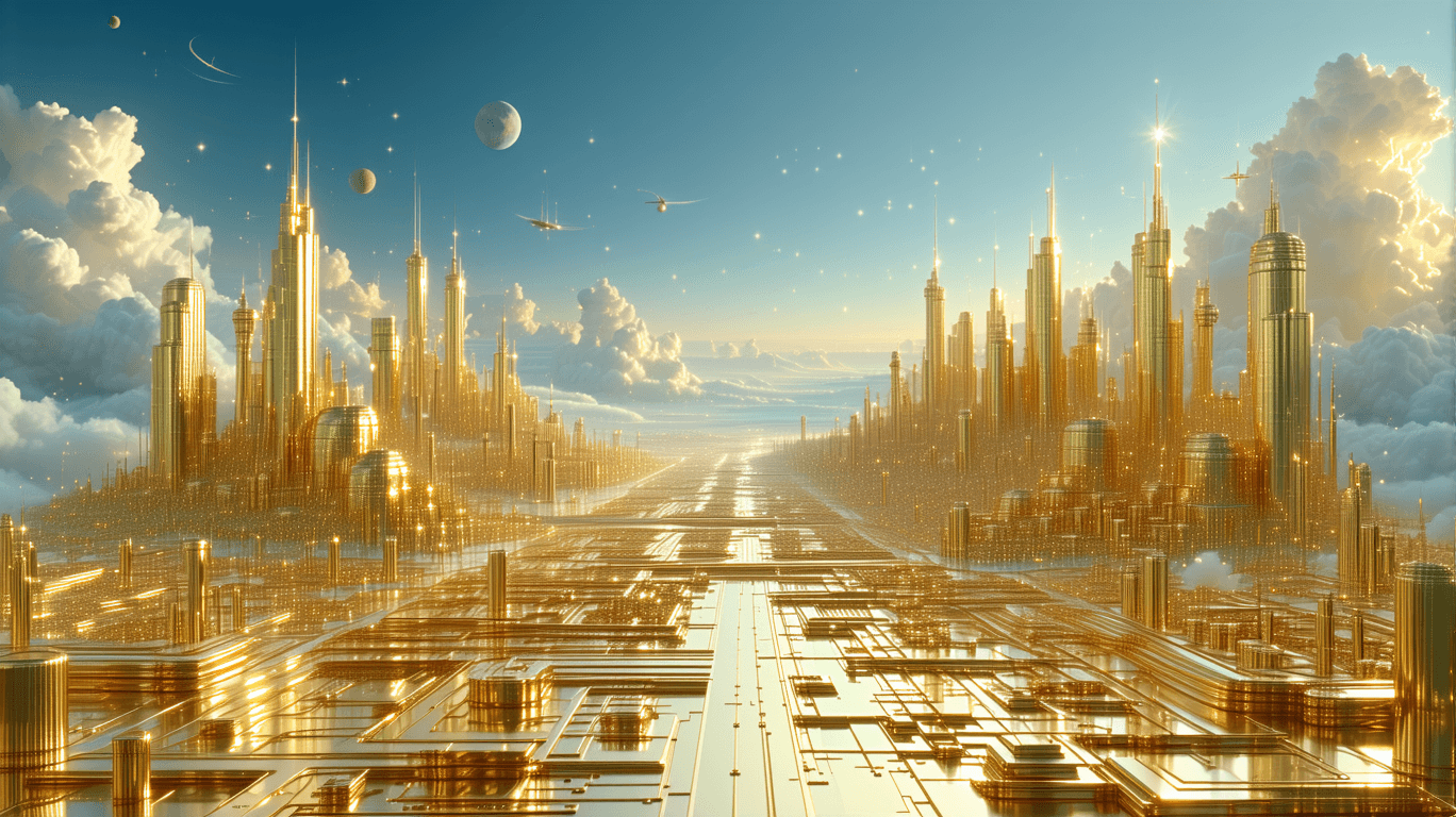 AI generated: heaven golden massive city with gold streets far off in the distance, light blue sky,
Hyperrealistic...