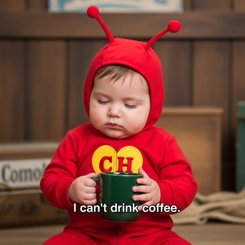 AI generated: The image shows a baby dressed as Chapolin Colorado, wearing a full red jumpsuit, including a hood w...
