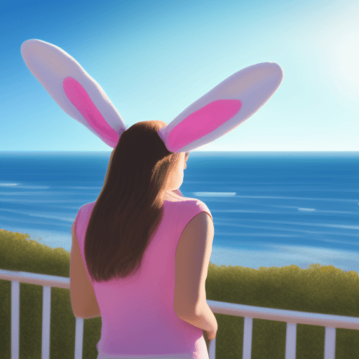 AI generated: Female, overlooking the ocean, daylight, indirect lighting, bunny ears, looking at viewer