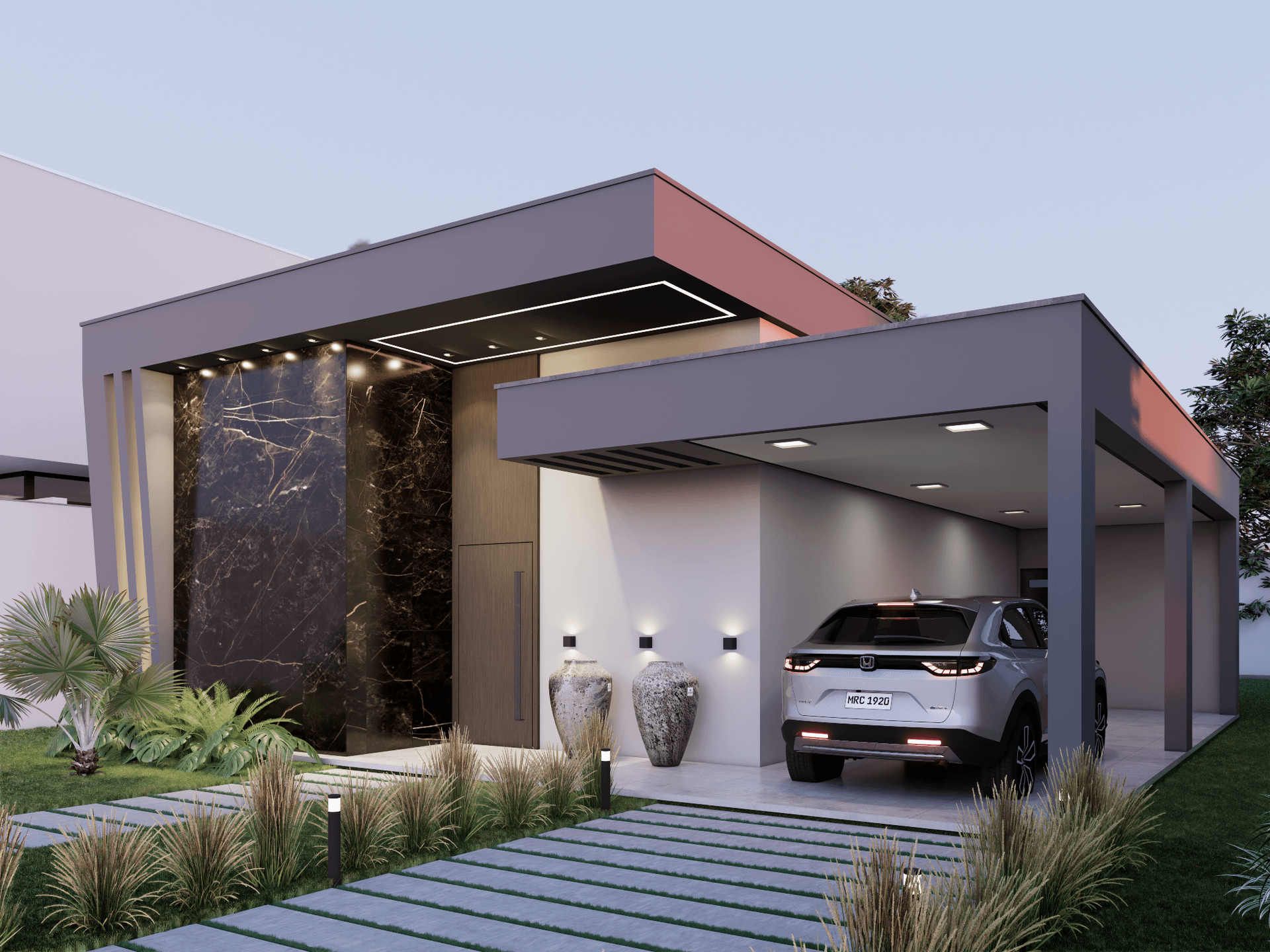 AI generated: A modern house, with a car in the garage, surrounding landscaping, decorative lights and a sky at du...