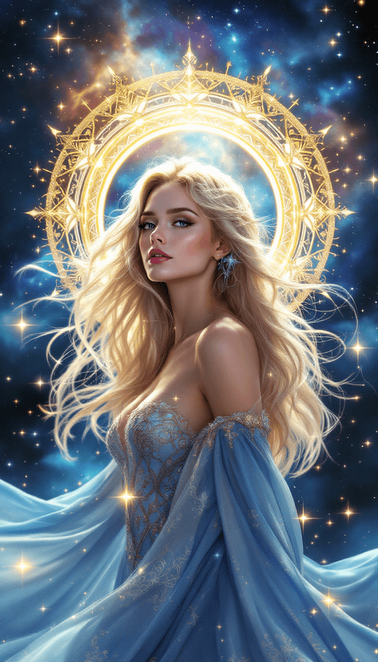 AI generated: Ultra-high resolution, Hyper-detailed cosmic fantasy portrait, A graceful woman with flowing blonde ...