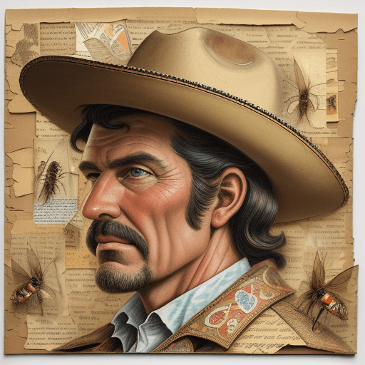 AI generated: Very finely detailed 2-dimensional papar collage, featuring the face of a weatherworm western cowboy...