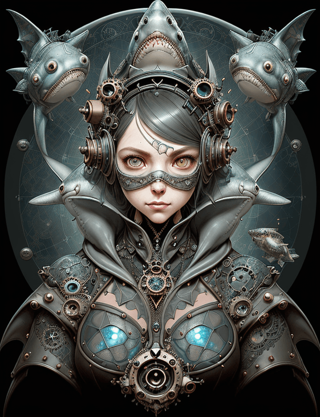 AI generated: portrait of an anthropomorphic shark steampunk : big eyes : shiny aura : highly detailed : cooper fi...