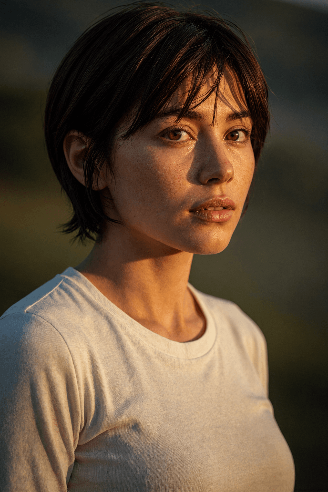 AI generated: A captivating woman with short, messy dark hair and striking round eyes that sparkle with curiosity,...