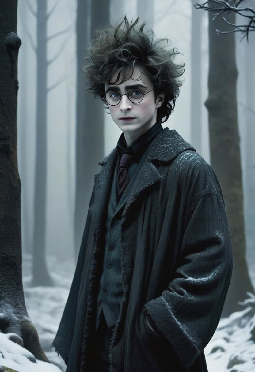 AI generated: harry potter, scar, dia de los muertos styled by tim burton, frizzled hair, Macabre Visual Aesthetic...