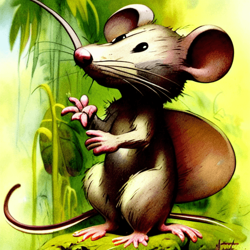 AI generated: scared cartoon mouse in the jungle , by Jean-Baptiste Monge and frank frazetta, childrens book illus...