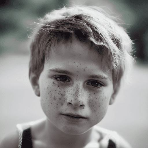 AI generated: detailed and realistic portrait of a boy with a few freckles, round eyes and short messy hair shot o...