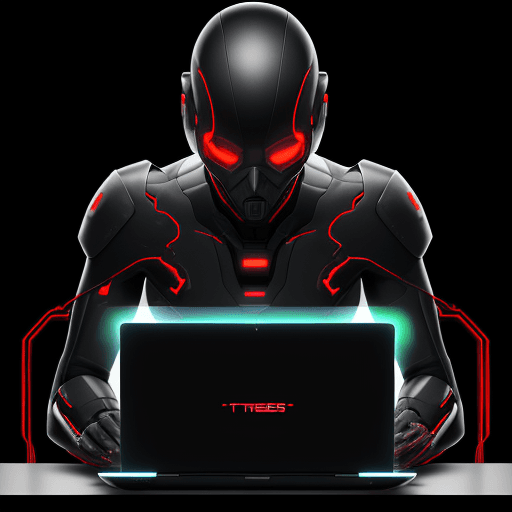 AI generated: man with work appearance, half body without face, using transparent laptop doing a speed test, speed...