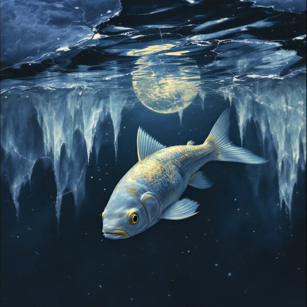 AI generated: “Nighttime scene. A white-gold fish swimming under a smooth, fractured ice surface. The ice is gloss...