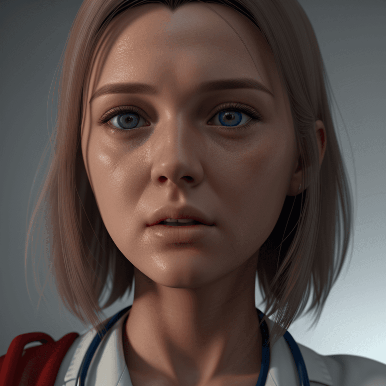 AI generated: hyper realistic headshot photo of a young nurse, looking into the camera, hyper realism, high detail...
