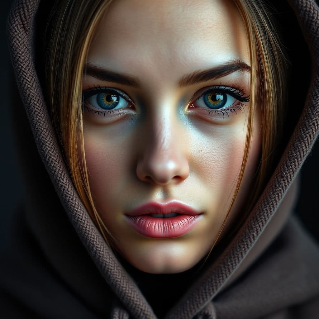 AI generated: Up-close, face only portrait of absolutely gorgeous lady wearing hoodie. she has hauntingly beautifu...