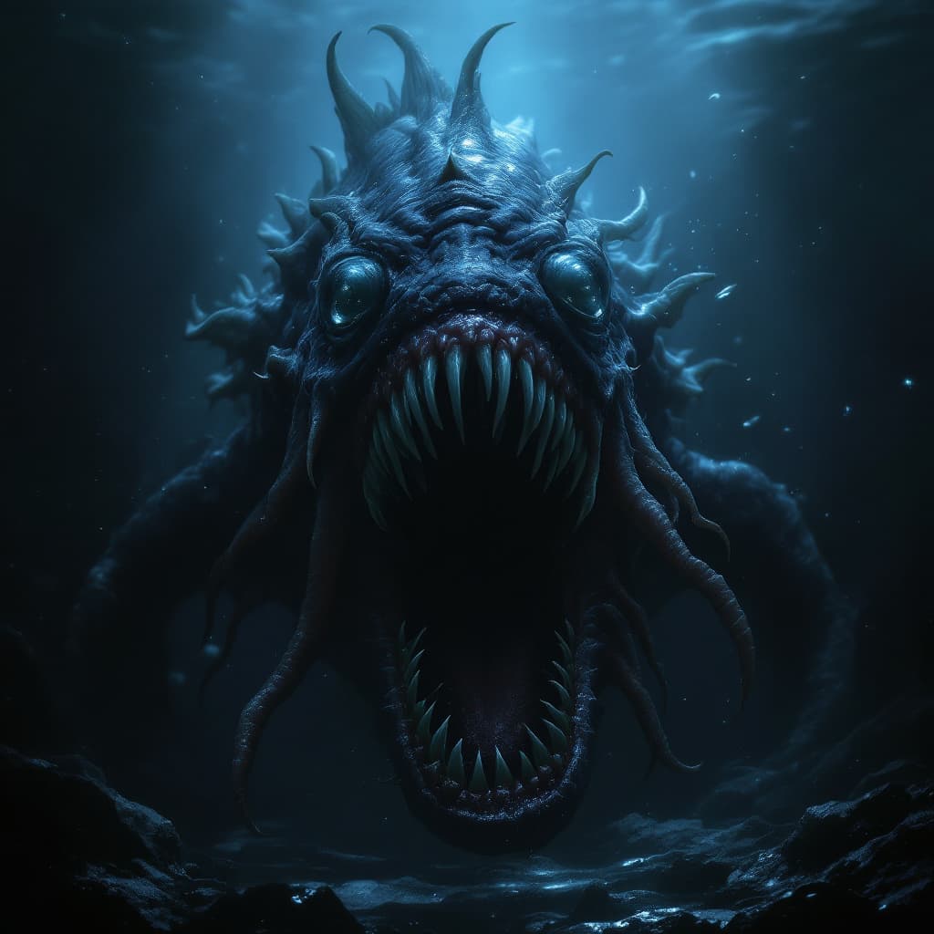 AI generated: Hyper-realistic deep-sea monster emerging from the abyss, featuring bioluminescent eyes, translucent...