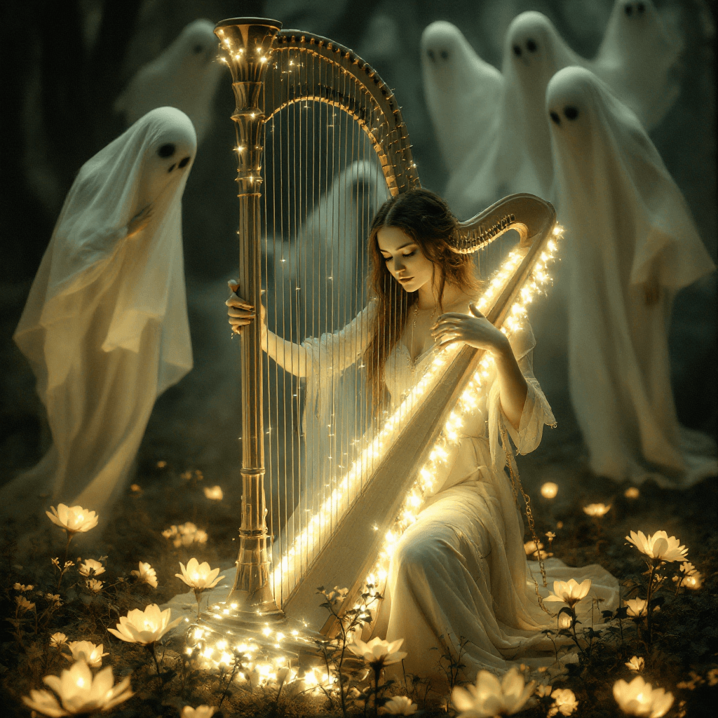 AI generated: The Spirit-Bound Harpist, a Haunting Melody: Atmosphere: Melancholic, ethereal, and filled with the ...