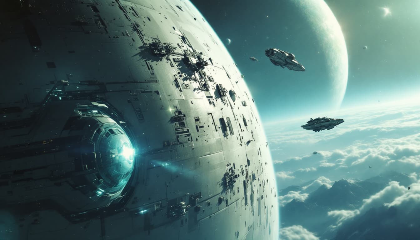 AI generated: Cinematic still of a space station orbiting an alien planet, with a large white spaceship in the bac...