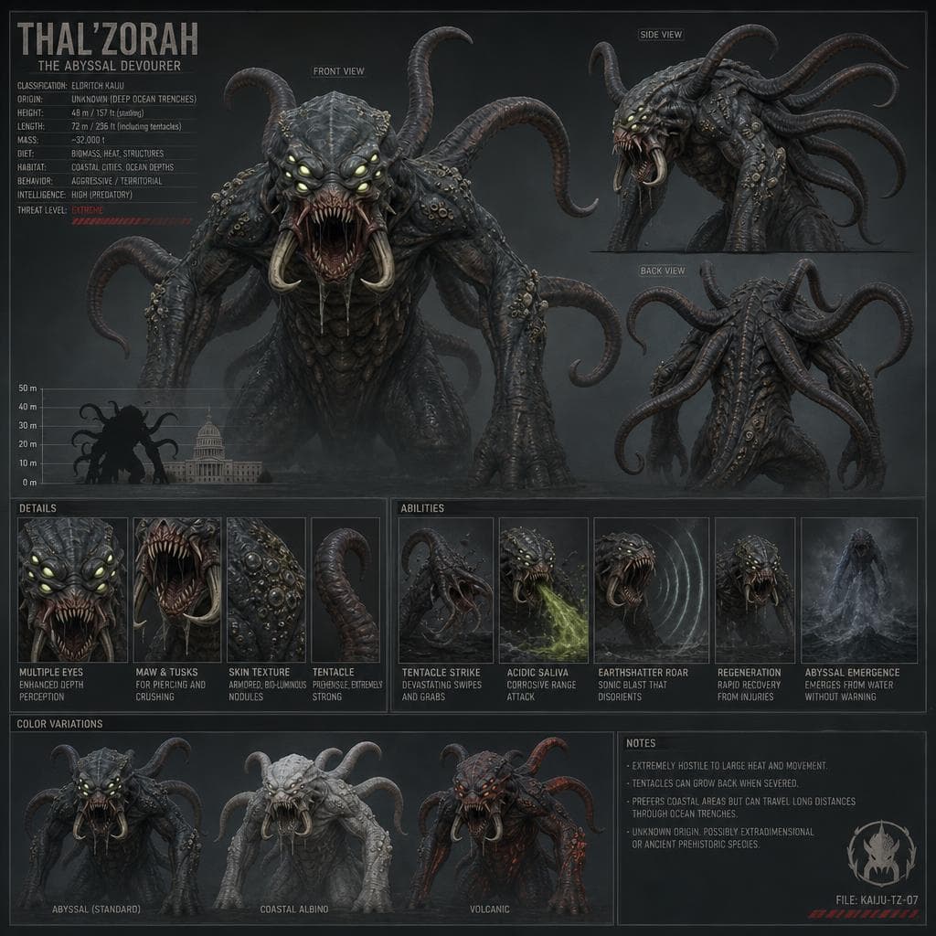 AI generated: Crea un charachter sheet di un kaiju simile a questo.