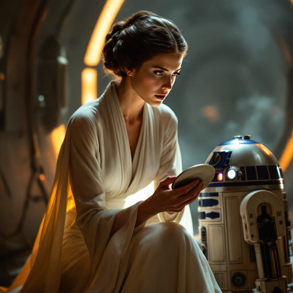 AI generated: 
"Princess Leia Organa, clad in her flowing white gown and iconic cinnamon-bun hairstyle, moves with...