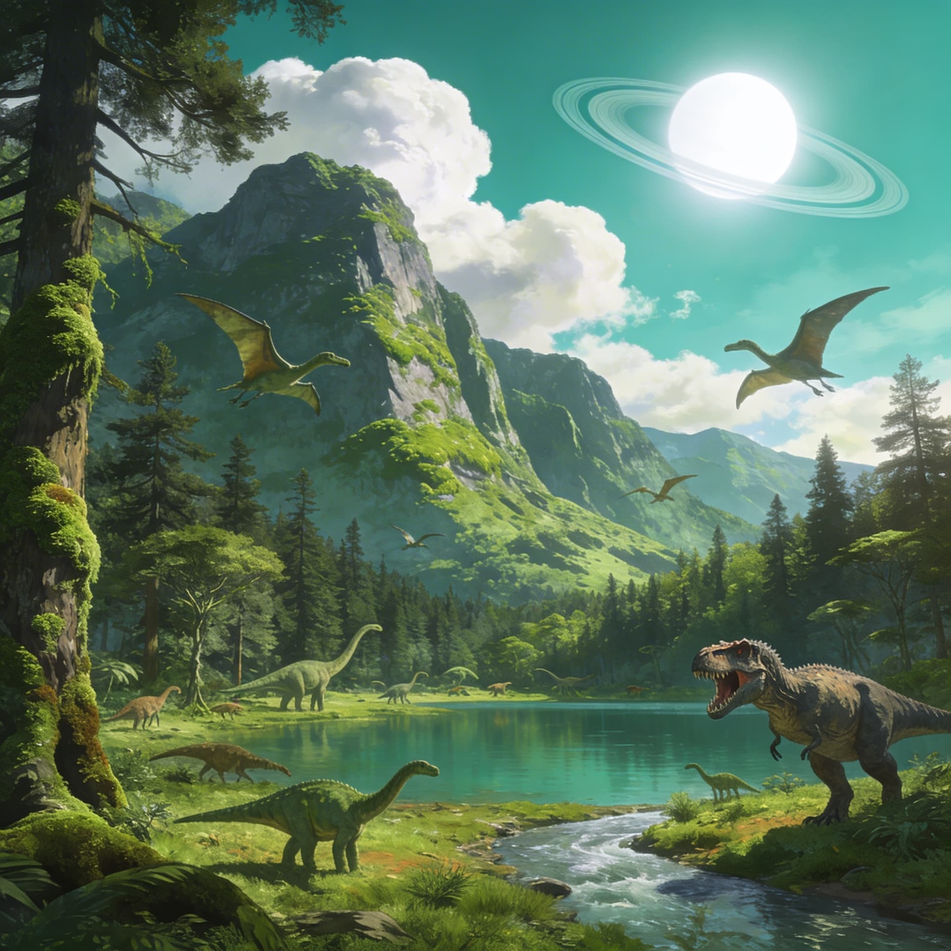 AI generated: a scenic view of a tall mountains covered in lush greens and moss covered trees with a lake and a ri...