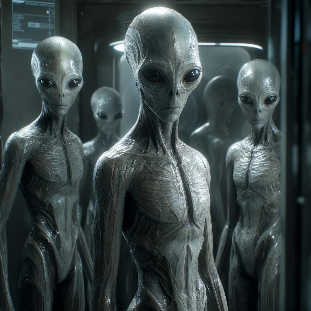 AI generated: A top-secret picture of beings that visited us from outside our solar system. High detail. deep colo...