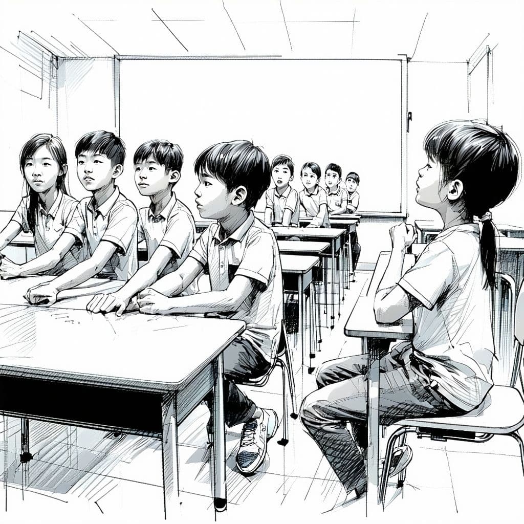 AI generated: a black and white comic book drawing of 12 year olds in class, sitting at their desks, asking the te...