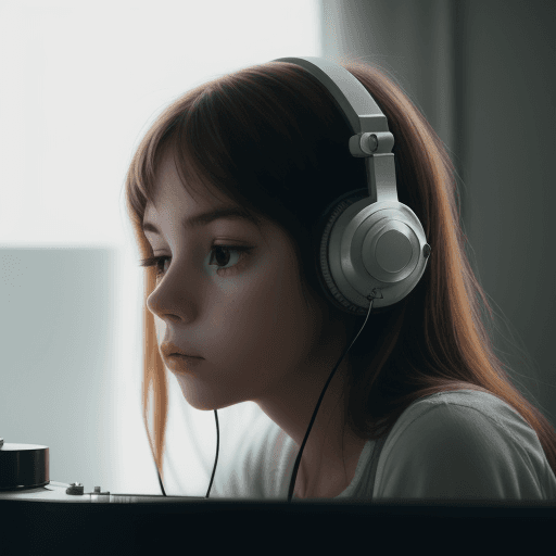 AI generated: create a film-like shot of a girl listening to vinyl
