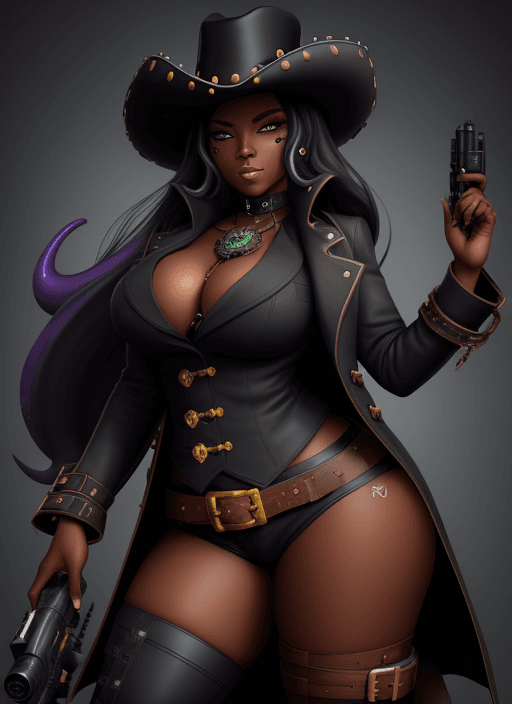 AI generated: evil, dark skin, steampunk, coat, thick thighs, time, goddess, long hair, black, splatoon, cowgirl