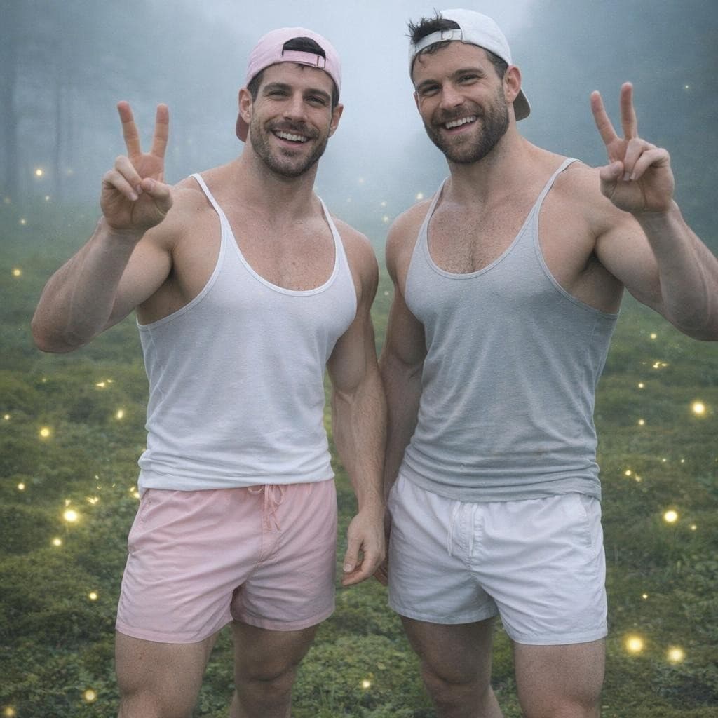 AI generated: Make these men standing in mossy field while holding peace signs up with their hands with happy expr...