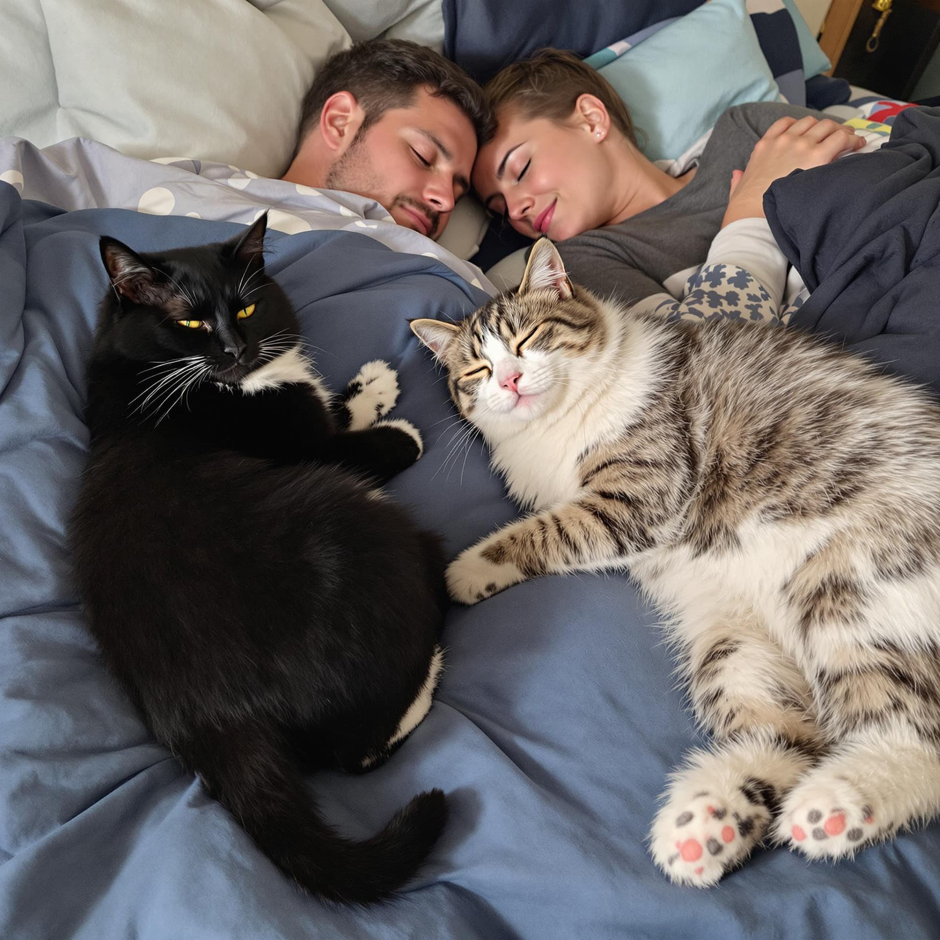 AI generated: A black tuxedo pattern cat and a grey-patterned white fur cat are on the bed next to a human couple....