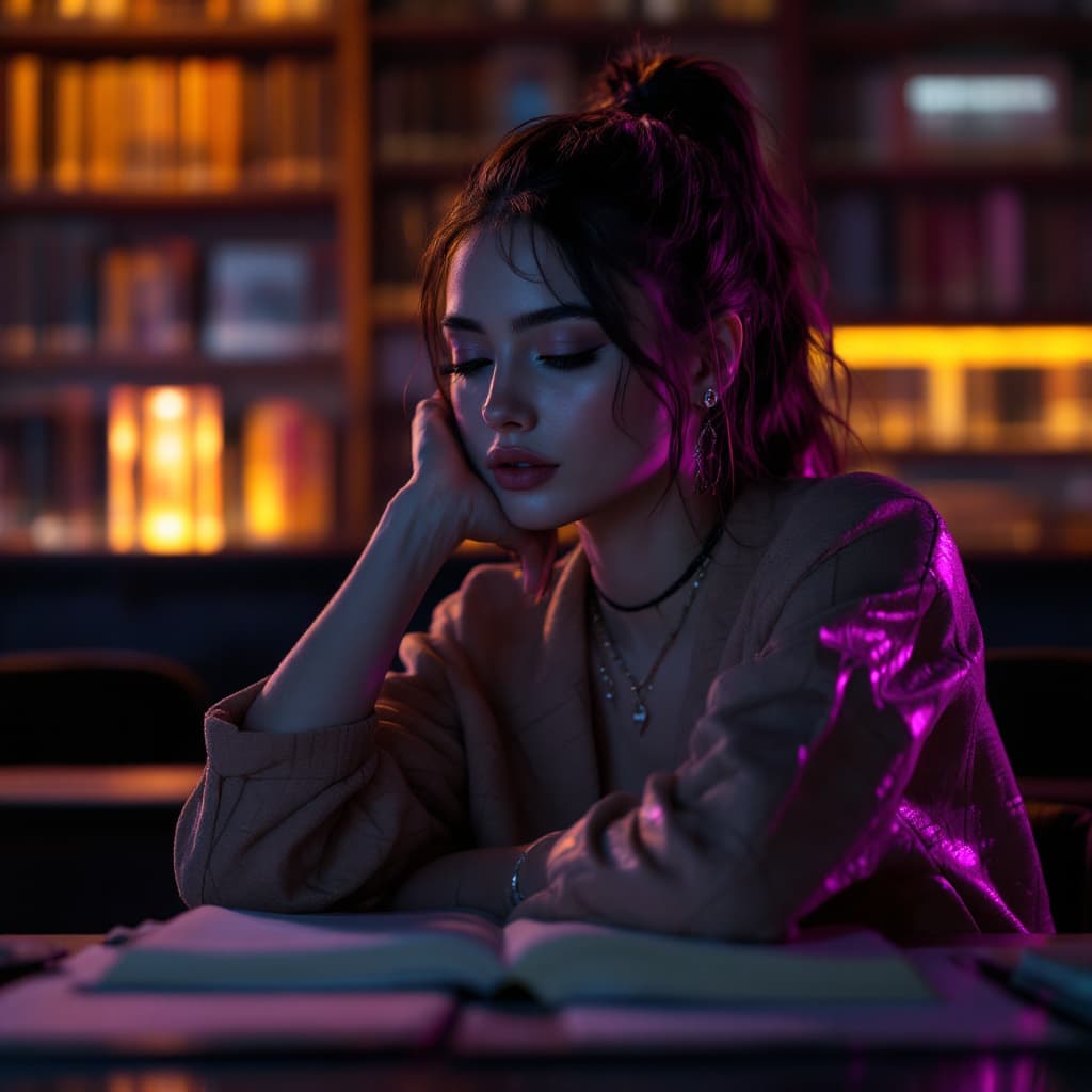AI generated: gorgeous  female,female cyberpunk studying in library, evening, photography hyper realistic, 4k, fas...