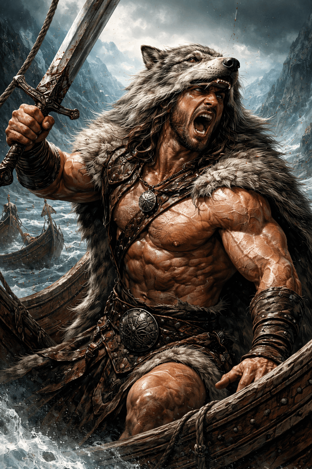 AI generated: warrior warrior, muscular, sword, wearing a wolf pelt, in a ship, icy fjord, misty skies, close up