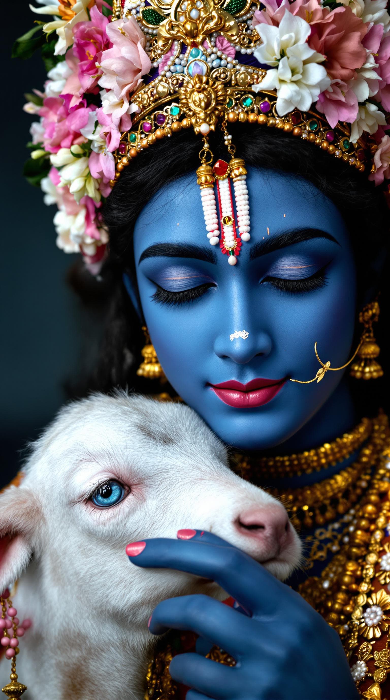 AI generated: Close-up portrait of a young,  Indian-looking individual, likely representing Krishna, with deep blu...