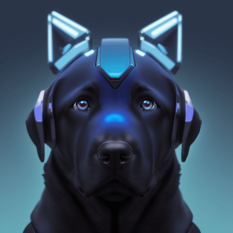 AI generated: A stylized robo-themed illustration of a Labrador dog head, seen directly from the front, in a blue ...