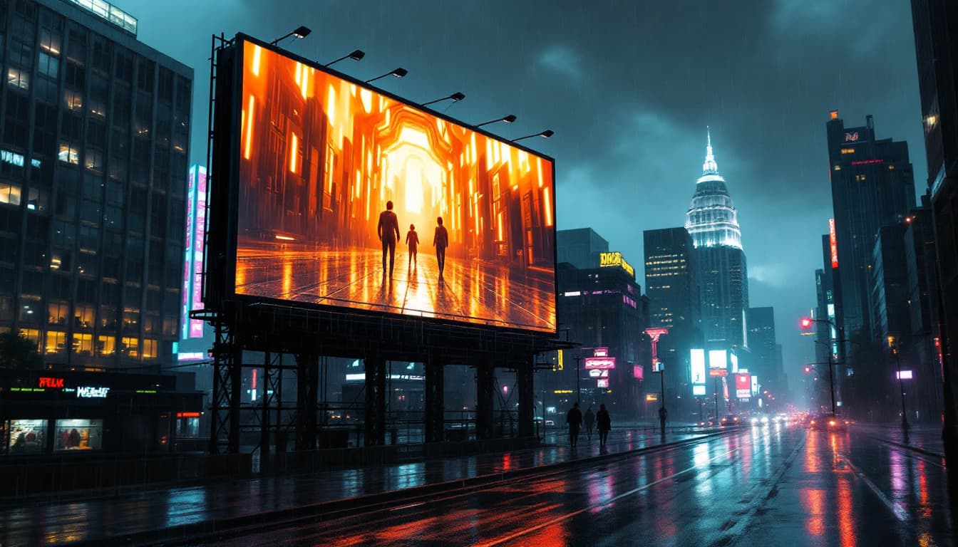 AI generated: rainy gloomy city watch a video on a huge billboard in a futuristic city like Minneapolis Minnesota ...