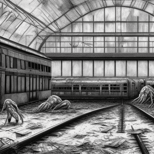 AI generated: A giant colorless monster made of fused bodies crawling through an abandoned train station