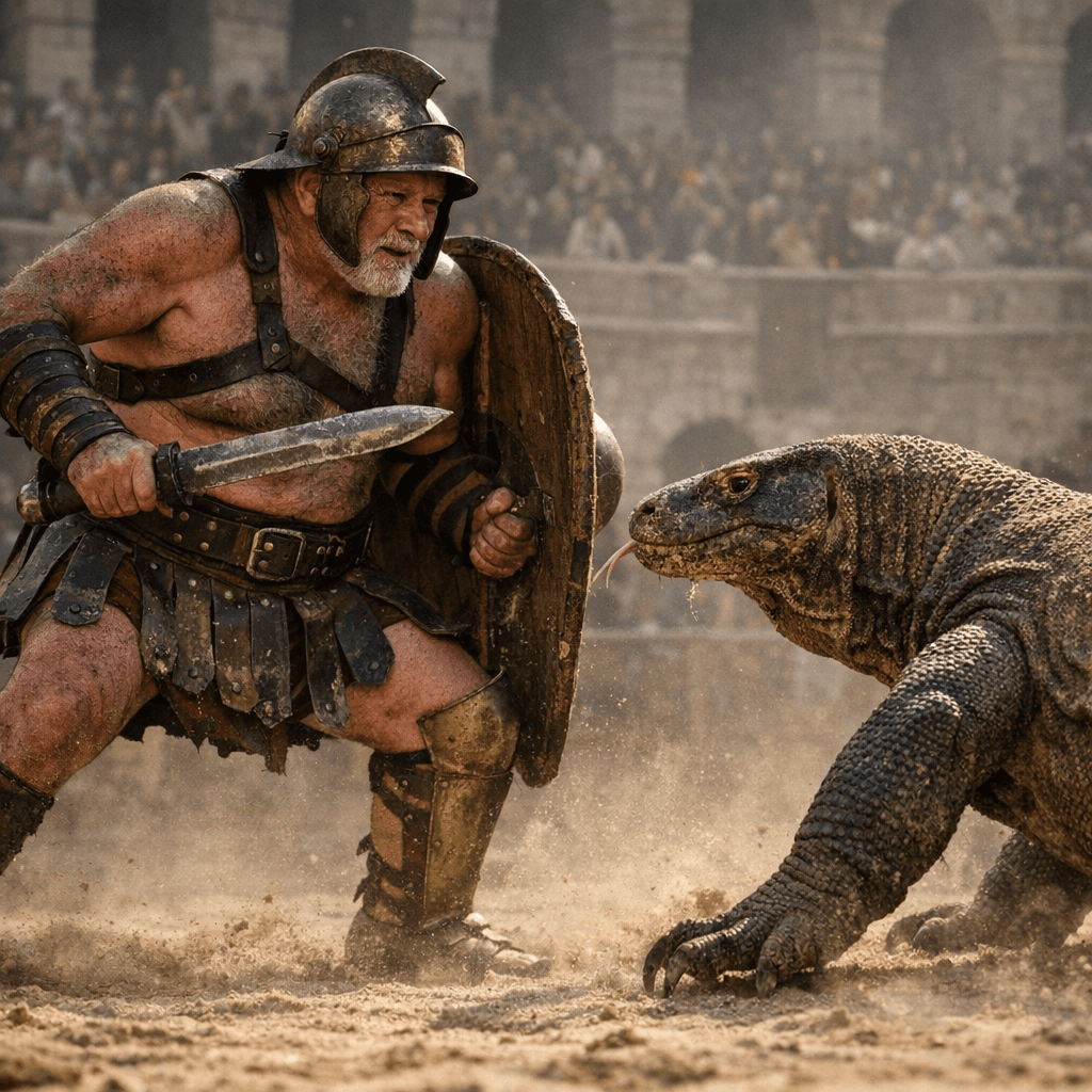 AI generated: Ultra-realistic documentary-style action photography inside the Roman Colosseum, bathed in warm gold...