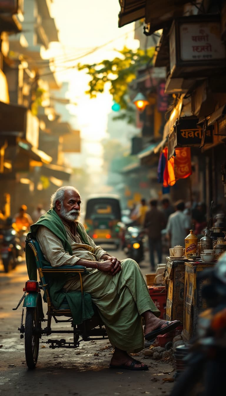 AI generated: Bustling Indian street at dawn, shops opening, vendors setting up, dusty roads, Kishore sitting in h...