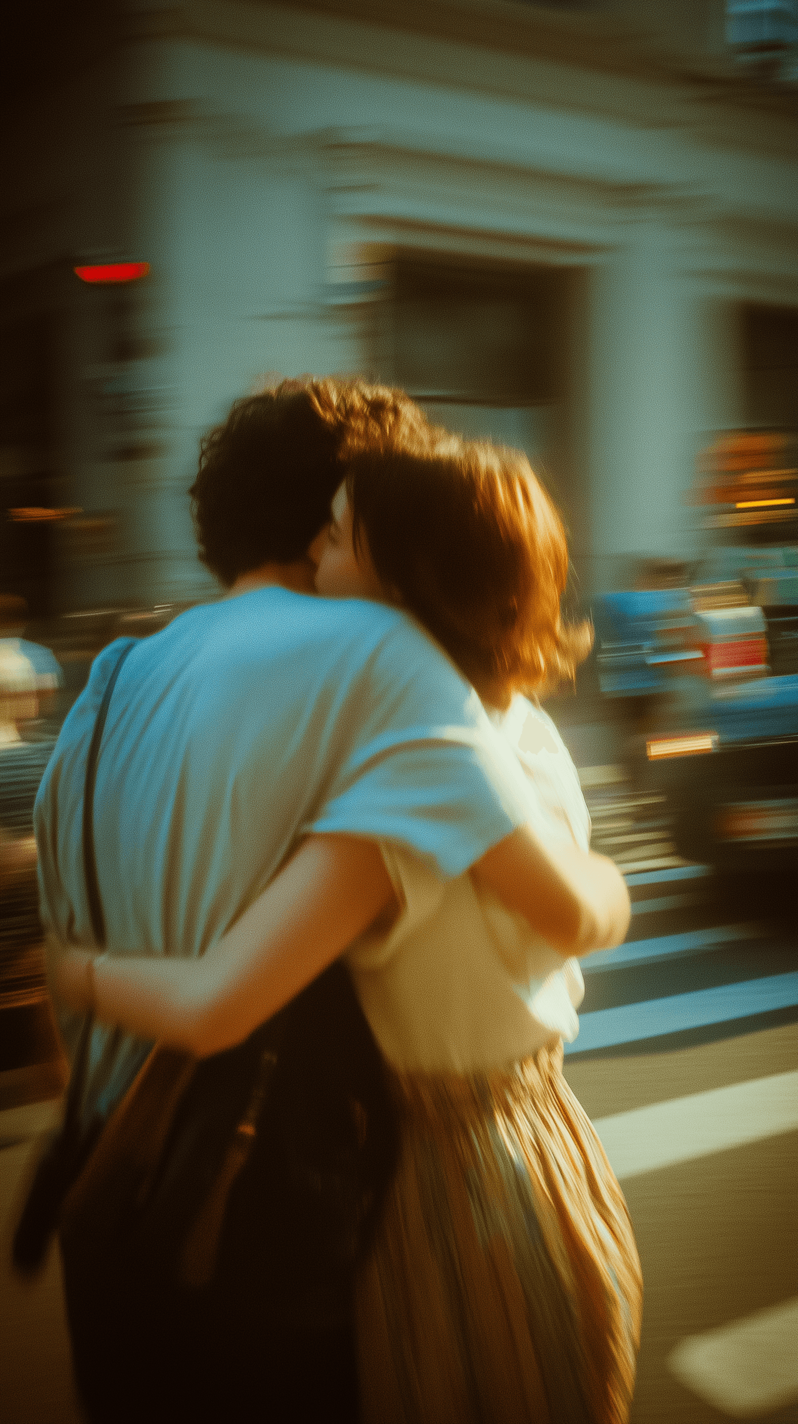 AI generated: high resolution photography, candid shot, couple, hugging, at a complicated street, 35mm film, kodak...