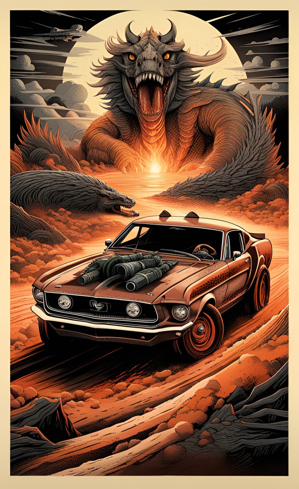 AI generated: A retro vintage Comic style poster, of a post apocalyptic universe, of a muscle car, extreme color s...