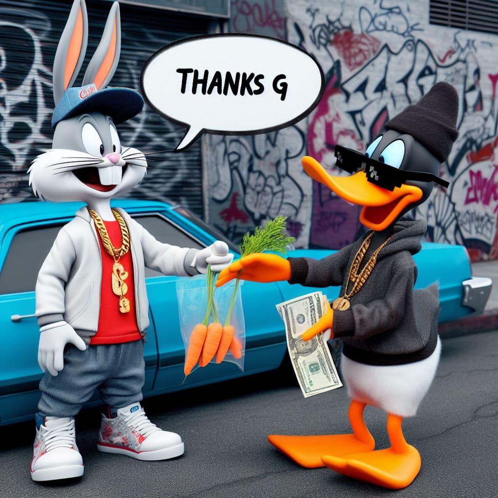 AI generated: a hilarious adult comedy image of Bugs Bunny wearing hip hop fashion buying a carrot with a bubble q...